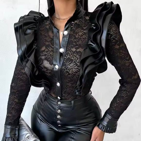 NEW WOMEN’S BLACK RUFFLES FAUX LEATHER BLOUSE - Picture 3 of 5